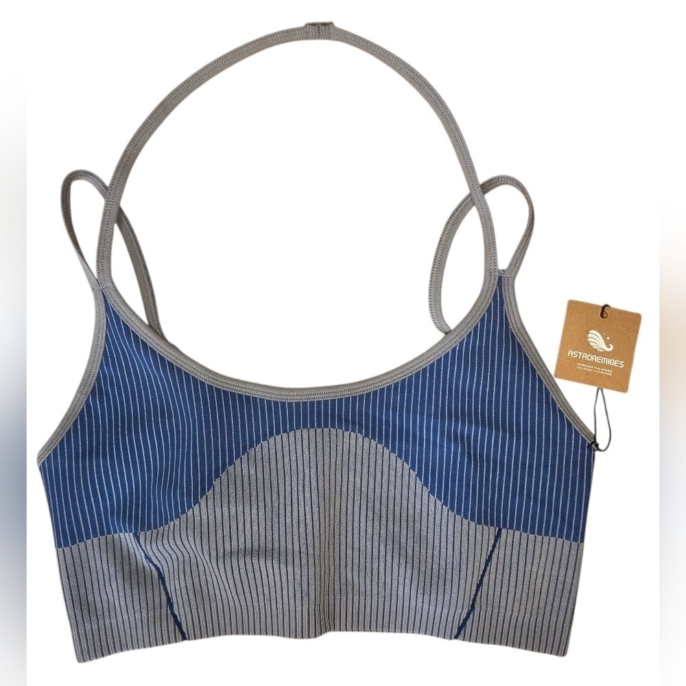 Astroremiges Stylish Gray and Blue Striped Women's Sports Bra Size Large - Picture 1 of 3